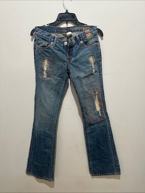 July 25 Distressed Blue Jeans with Embroidered Patches